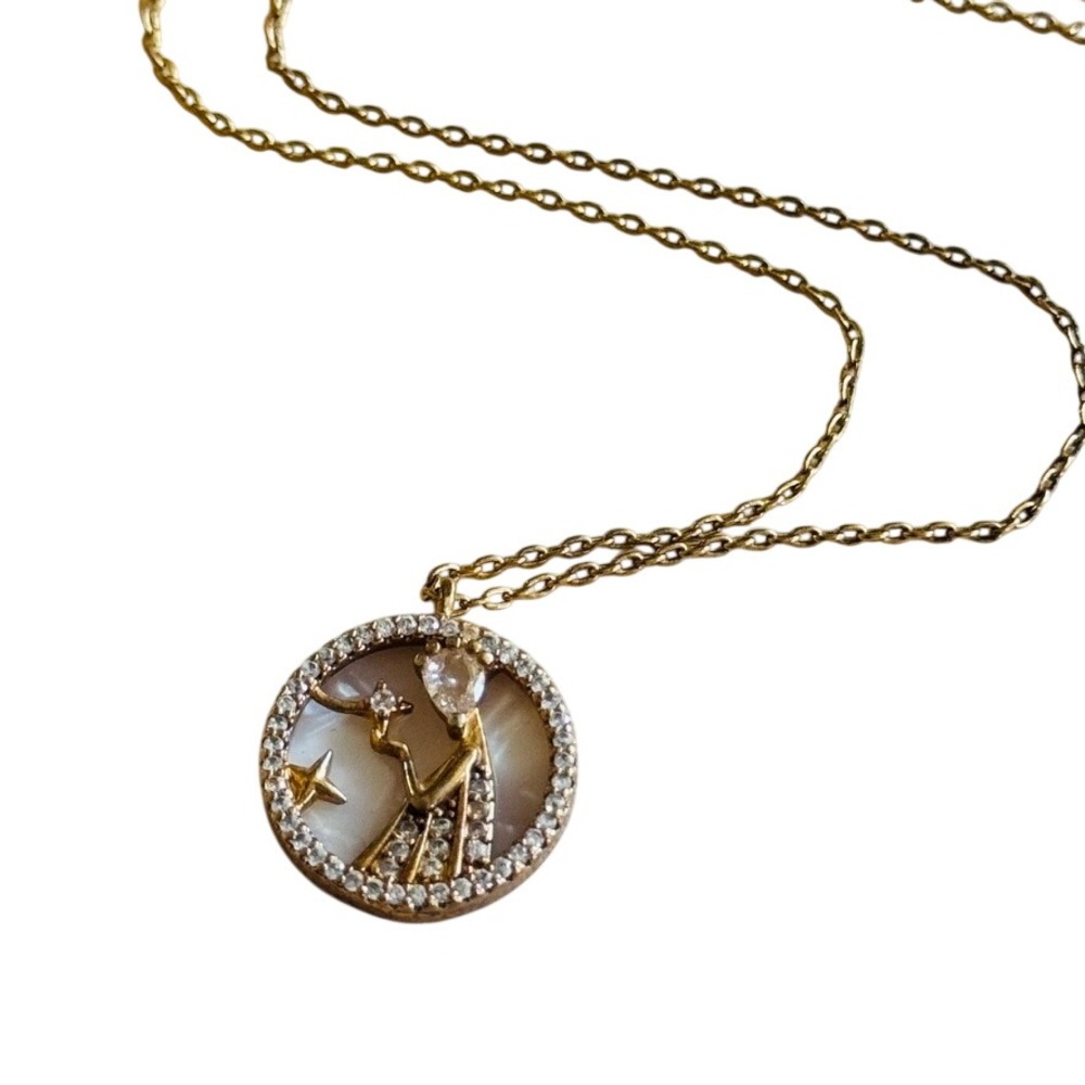 Secret Box Virgo Zodiac Choker‎ Necklace Gold Dipped Crystal Mother of Pearl 16"